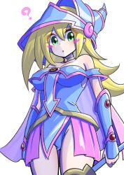 Rule 34 | 1girl, ?, bare shoulders, blonde hair, blue hat, blush stickers, breasts, choker, cowboy shot, dark magician girl, duel monster, green eyes, hair between eyes, hat, highres, holding, holding staff, large breasts, long hair, looking at viewer, parted lips, sengenjin31, solo, staff, white background, wizard hat, yu-gi-oh!, yu-gi-oh! duel monsters