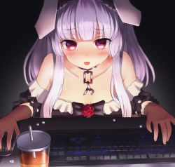 Rule 34 | 1girl, animal ears, at computer, blush, breasts, brown gloves, rabbit ears, chain, cleavage, collar, collarbone, commentary, cup, dark, drinking straw, frills, gloves, highres, keyboard (computer), medium breasts, mouse (computer), neit ni sei, nijisanji, open mouth, rabbit girl, red eyes, smile, solo, sweat, tsukimi shizuku, virtual youtuber