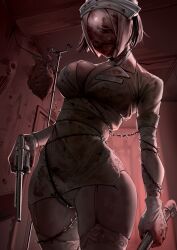 Rule 34 | 1girl, absurdres, bandaged arm, bandages, barbed wire, blood, blood on clothes, blood on face, blood on gloves, breasts, bubble head nurse, cleavage, commentary, cowboy shot, dress, dual wielding, english commentary, faceless, faceless female, finger on trigger, garter straps, gloves, gun, handgun, harris hero, hat, heart (organ), highres, holding, holding gun, holding weapon, indoors, iv stand, lead pipe, medium breasts, nurse, nurse cap, panties, pantyshot, revolver, short dress, short hair, short sleeves, silent hill (series), solo, standing, thighhighs, thighs, underwear, weapon, white dress, white gloves, white hat, wide hips