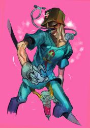 Rule 34 | 1boy, absurdres, bag, bag over head, blue shirt, covered face, faust (guilty gear), gloves, guilty gear, guilty gear strive, highres, pants, paper bag, pink background, shirt, short sleeves, stethoscope, t-shirt