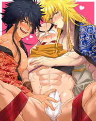 Rule 34 | 3boys, abs, bald, bara, black hair, blonde hair, blush, bulge, character request, crotch, drooling, erection, evil grin, evil smile, fundoshi, grin, japanese clothes, licking, male focus, multiple boys, muscular, naughty face, osu! banchou, pectorals, restrained, saliva, topless male, smile, sugo6969, sweat, tagme, todoroki kongou, tongue, tongue out, underwear, undressing, yaoi