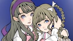 Rule 34 | 2girls, arm around shoulder, assault lily, blue background, blue eyes, blush, bow, bowtie, braid, brown hair, collared shirt, commentary, gradient background, hair bow, hair ribbon, hairband, hand in another&#039;s hair, hands up, head tilt, heads together, highres, hug, kishimoto lucia raimu, kishimoto maria mirai, long hair, long sleeves, looking at viewer, ludvico private girls&#039; academy school uniform, multiple girls, parted lips, pink bow, pink bowtie, portrait, purple eyes, purple hairband, purple ribbon, ribbon, sally (allogkk), school uniform, shirt, siblings, side-by-side, sidelocks, sisters, twin braids, twintails, white bow, white shirt