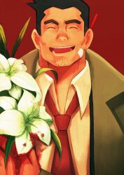 Rule 34 | 1boy, absurdres, ace attorney, bandage on face, bandages, object behind ear, black hair, blood, blood on clothes, blood on flower, closed eyes, collared shirt, dick gumshoe, facial hair, goatee stubble, green jacket, happy, highres, jacket, male focus, mature male, necktie, open mouth, red background, red necktie, shirt, simple background, solo, stubble, symbolism, teeth, thick eyebrows, upper body, white lily, white shirt, zhanzidan