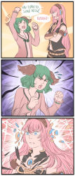 Rule 34 | 2girls, 3koma, animal ears, arm up, blue eyes, broken, closed eyes, comic, crossed arms, crossover, dress, earphones, english text, exploding clothes, flying sweatdrops, gradient background, green hair, highres, kasodani kyouko, long hair, long sleeves, looking at another, mefomefo, megurine luka, multiple girls, open mouth, pink dress, pink hair, profile, shirt, short hair, shouting, skirt, sleeveless, smile, speech bubble, sweat, text focus, torn clothes, touhou, turtleneck, vocaloid