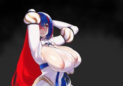 Rule 34 | 1girl, alear (female) (fire emblem), alear (fire emblem), alternate breast size, areola slip, arm up, arms behind head, arms up, blue eyes, blue hair, blush, breasts, crossed bangs, fire emblem, fire emblem engage, heterochromia, highres, huge breasts, large areolae, long hair, multicolored hair, nintendo, nyantcha, red eyes, red hair, two-tone hair, very long hair