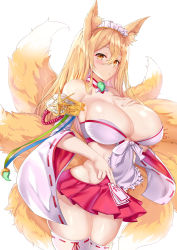 Rule 34 | 1girl, absurdres, animal ear fluff, blonde hair, blush, breasts, cleavage, crossed bangs, deogho (liujinzy9854), fox girl, hair between eyes, highres, hirume of heavenly incense, japanese clothes, kitsune, kyuubi, kyuubi, large breasts, last origin, looking at viewer, magatama, maid headdress, miko, multiple tails, simple background, tail, thighhighs, white background, white thighhighs