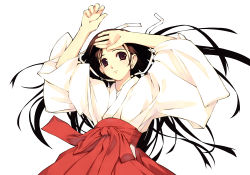 Rule 34 | 1girl, arms up, brown eyes, brown hair, f-ism, hakama, hakama skirt, hand on own forehead, highres, japanese clothes, long hair, miko, murakami suigun, original, red hakama, simple background, skirt, solo, white background