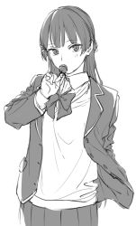 Rule 34 | 1girl, blazer, blush, bow, bowtie, buttons, candy, collared shirt, food, greyscale, hair ornament, hairclip, hand up, holding, holding candy, holding food, holding lollipop, jacket, kinosuke (sositeimanoga), lollipop, long hair, long sleeves, looking at viewer, miniskirt, monochrome, nijisanji, open clothes, open jacket, pleated skirt, shirt, sidelocks, simple background, sketch, skirt, solo, standing, tsukino mito, tsukino mito (1st costume), upper body, virtual youtuber, white background, wing collar