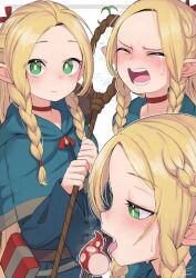 Rule 34 | 1girl, ambrosia (dungeon meshi), blonde hair, blush, braid, choker, crying, dungeon meshi, elf, forehead, glaze artifacts, green eyes, half-closed eyes, holding, holding staff, light smile, long hair, looking at viewer, marcille donato, multiple views, open mouth, pointy ears, red choker, saebashi, signature, staff, sweat, tentacles, twin braids, twitter username, upper body, white background