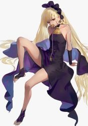 Rule 34 | 1girl, arm support, bare shoulders, blonde hair, brown eyes, dress, full body, granblue fantasy, hairband, head tilt, helel ben shalem, invisible chair, leg up, long hair, looking at viewer, pacifier, purple dress, simple background, sitting, solo, stirrup legwear, toeless legwear, very long hair, wasabi60, white background