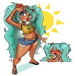 Rule 34 | 1girl, absurdres, aqua eyes, aqua hair, bead choker, belly chain, bikini, black bikini, bracelet, brazilian flag, brazilian flag print, brazilian miku, closed eyes, commentary, denim, denim shorts, earrings, exposed pocket, eyewear on head, flip-flops, flower, gold earrings, hair flower, hair ornament, hand fan, hatsune miku, highres, holding, holding fan, hot, iseenudepeople, jewelry, midriff, multiple bracelets, navel, open fly, rectangular earrings, sandals, shirt, short shorts, shorts, shorts tan, sitting, smile, sun, sunglasses, swimsuit, tan, tanline, tanline peek, thick thighs, thighs, tied shirt, tongue, tongue out, twintails, vocaloid