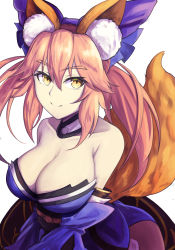Rule 34 | 1girl, animal ear fluff, animal ears, bare shoulders, blue bow, blue kimono, blue ribbon, bow, breasts, cleavage, collarbone, detached sleeves, fate/extra, fate/grand order, fate (series), fox ears, fox girl, fox tail, hair ribbon, highres, japanese clothes, kimono, large breasts, looking at viewer, pink hair, ribbon, sakahoko, simple background, solo, split ponytail, tail, tamamo (fate), tamamo no mae (fate/extra), white background, yellow eyes