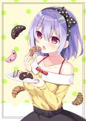 Rule 34 | 1girl, :o, bad id, bad pixiv id, bare shoulders, black border, black bow, black hairband, black skirt, border, bow, breasts, collarbone, commentary request, cowboy shot, croissant, eating, food, hair between eyes, hair bow, hairband, holding, holding food, holding plate, icing, long sleeves, looking at viewer, medium breasts, off shoulder, open mouth, original, pink eyes, plate, polka dot, polka dot background, polka dot bow, purple hair, red bow, red eyes, sakura yuzuna, short hair, skirt, solo, spaghetti strap, sparkle, sumisaki yuzuna, tareme