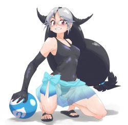 Rule 34 | 10s, 1girl, ball, beachball, black footwear, black gloves, black hair, black one-piece swimsuit, bow, breasts, brown eyes, california sea lion (kemono friends), fins, glasses, gloves, grey hair, hair between eyes, hair tie, head fins, holding, holding ball, holding beachball, japari symbol, kemono friends, long hair, looking at viewer, multicolored hair, one-piece swimsuit, sandals, semi-rimless eyewear, smile, solo, swimsuit, tanabe (fueisei), two-tone hair, very long hair, white background