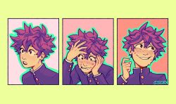 Rule 34 | 1boy, artist name, blush, boku no hero academia, border, buttoned cuffs, buttons, commentary, english commentary, freckles, gakuran, green outline, habkart, hair between eyes, hand up, hands on own head, highres, jacket, long sleeves, looking up, male focus, midoriya izuku, multiple views, open mouth, outline, pink background, school uniform, short hair, simple background, smile, sweat, upper body, yellow border