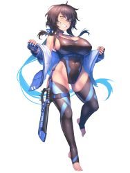 Rule 34 | 1girl, black hair, black one-piece swimsuit, blue gloves, breasts, chain paradox, choker, cleavage, commission, competition swimsuit, covered navel, fingerless gloves, full body, gloves, grin, hetza (hellshock), highres, huge breasts, jacket, jacket partially removed, large breasts, long hair, looking at viewer, one-piece swimsuit, sheath, sheathed, sideboob, smile, solo, swimsuit, thighhighs, toes, transparent background, very long hair, yellow eyes