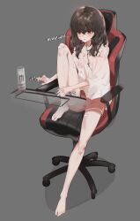 Rule 34 | 1girl, bandaid, bandaid on leg, barefoot, blush, brown eyes, brown hair, can, chair, collarbone, commentary request, empty eyes, feet, full body, gaming chair, highres, jewelry, knee up, korean commentary, korean text, legs, long hair, monster energy, necklace, off-shoulder shirt, off shoulder, open mouth, original, pink shirt, planbi, red shorts, shadow, shirt, shorts, sidelocks, sitting, solo, sound effects, spaghetti strap, swivel chair, thighs, toenails, toes, translation request, wavy hair, wide sleeves
