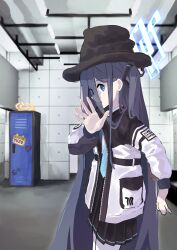 Rule 34 | 2girls, absurdres, aris (blue archive), blue archive, blue eyes, ceiling light, concrete wall, couch, halo, hat, highres, jacket, locker, long hair, looking to the side, meme, multiple girls, school uniform, sticker, virtual insanity, yuzu (blue archive)