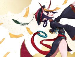 Rule 34 | 1girl, :d, black dress, braid, china dress, chinese clothes, commentary request, dress, fang, fangs, fate/grand order, fate (series), hat, heroic spirit festival outfit, highres, horns, jiangshi, leaning back, long sleeves, looking at viewer, looking to the side, ofuda, oni, open mouth, outstretched arm, pink lips, pointy ears, purple eyes, purple hair, qingdai guanmao, red hat, short eyebrows, shuten douji (fate), shuten douji (festival outfit) (fate), skin-covered horns, sleeves past wrists, smile, solo, standing, talisman, thick eyebrows, wide sleeves, yuu (higashi no penguin)