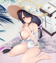 Rule 34 | 1girl, absurdres, bare legs, bare shoulders, barefoot, beach, bikini, black bikini, black hair, blue archive, blush, breasts, choker, cleavage, closed mouth, collarbone, crossed fingers, flower, full body, hair over one eye, halo, hat, hat flower, highres, hinata (blue archive), hinata (swimsuit) (blue archive), jewelry, large breasts, long hair, looking at viewer, mole, musi tino, off shoulder, official alternate costume, palm tree, red eyes, ribbon, side-tie bikini bottom, sitting, sleeveless, smile, solo, sun hat, swimsuit, thighs, tree, very long hair, wariza, water, white swimsuit