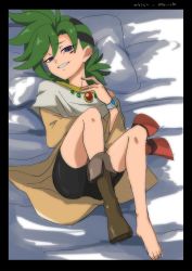 Rule 34 | 1boy, absurdres, bed, black hair, unworn boot, boots, bracelet, facial mark, green hair, grin, hair between eyes, highres, hira shain, jewelry, looking at viewer, lying, male focus, mauro abelard, multicolored hair, necklace, off shoulder, on back, on bed, pillow, purple eyes, shadowverse, shadowverse (anime), single boot, smile, solo, spiked hair, tunic, two-tone hair