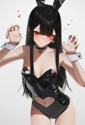 Rule 34 | 1girl, animal ears, bare shoulders, black choker, black hair, black leotard, blunt bangs, blush, breasts, choker, claw pose, cleavage, closed mouth, clothing cutout, collarbone, cowboy shot, earrings, enokawa kokoro (hara kenshi), expressionless, facial mark, hara kenshi, heart, heart cutout, heart facial mark, heart in eye, highres, jewelry, leaning forward, leotard, long hair, looking at viewer, nail polish, navel, navel cutout, navel piercing, original, piercing, playboy bunny, rabbit ears, red eyes, red nails, sidelocks, simple background, small breasts, solo, strapless, strapless leotard, symbol in eye, thigh gap, white background, wrist cuffs