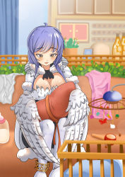 Rule 34 | 1girl, absurdres, baby bottle, bird legs, blush, bottle, breasts, chinese commentary, cleavage, clover theater, commentary request, crib, feathered wings, feathers, fur trim, harpy, highres, holding baby, hood, indoors, long hair, medium breasts, monster girl, purple hair, rattle drum, sandway (clover theater), swaddled, user kvyg7437, white feathers, white wings, winged arms, wings, yellow eyes