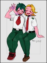 Rule 34 | 2boys, ^ ^, absurdres, alternate skin color, anna (aannnaa3), aoyama yuuga, arm up, belt, belt buckle, black belt, blonde hair, blush, boku no hero academia, brown footwear, buckle, closed eyes, collared shirt, colored skin, cross-laced footwear, english text, facing viewer, freckles, full body, green hair, green pants, grey background, hand rest, highres, invisible chair, leaning to the side, male focus, midoriya izuku, multiple boys, multiple scars, necktie, open mouth, outside border, pants, parted bangs, pink skin, red footwear, red necktie, round teeth, scar, scar on arm, scar on hand, school uniform, shirt, shoes, short hair, short sleeves, sitting, smile, sneakers, spoilers, summer uniform, teeth, twitter username, u.a. school uniform, upper teeth only, v, white shirt