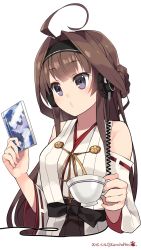 Rule 34 | 10s, 1girl, 2015, ahoge, bare shoulders, brown hair, cd case, cup, dated, detached sleeves, double bun, hair bun, hair intakes, hairband, headphones, highres, holding, holding cup, kantai collection, kongou (kancolle), kuro chairo no neko, long hair, long sleeves, nontraditional miko, o3o, paw print, product placement, purple eyes, simple background, solo, teacup, twitter username, upper body, white background, wide sleeves