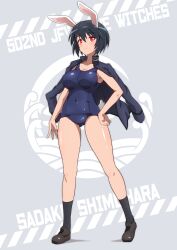 Rule 34 | 1girl, absurdres, animal ears, black hair, black socks, blue one-piece swimsuit, blush, brave witches, breasts, character name, cleavage, closed mouth, covered navel, hand on own hip, highres, large breasts, looking at viewer, military, military uniform, one-piece swimsuit, rabbit ears, red eyes, shimohara sadako, shiny skin, short hair, socks, solo, swimsuit, tricky 46, uniform, world witches series