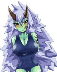 Rule 34 | 1girl, :q, blue hair, blush, breast hold, breasts, brown eyes, cameltoe, cleavage, colored skin, covered navel, crossed arms, female focus, green skin, highres, horns, huge breasts, large breasts, long hair, looking at viewer, monster girl encyclopedia, ogre (monster girl encyclopedia), paundo2, school swimsuit, simple background, solo, swimsuit, tattoo, tongue, tongue out, very long hair, white background
