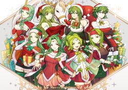 6+girls absurdres alternate_costume antlers breasts candy candy_cane cape christmas christmas_present christmas_tree cleavage commentary commission detached_sleeves dress elincia_ridell_crimea english_commentary erinys_(fire_emblem) fake_horns fire_emblem fire_emblem:_genealogy_of_the_holy_war fire_emblem:_path_of_radiance fire_emblem:_the_sacred_stones fire_emblem:_thracia_776 fire_emblem_echoes:_shadows_of_valentia food fur-trimmed_cape fur-trimmed_headwear fur_trim gift green_eyes green_hair hat highres holding holding_candy holding_candy_cane holding_food holding_gift holding_polearm holding_sack holding_weapon horns l&#039;arachel_(fire_emblem) long_hair looking_at_viewer merry_christmas misha_(fire_emblem) multiple_girls nephenee_(fire_emblem) nintendo palla_(fire_emblem) pegasus pixiv_commission polearm reindeer_antlers sack santa_costume santa_hat sigrun_(fire_emblem) silvercandy_gum skirt sleeveless sleeveless_dress smile syrene_(fire_emblem) weapon