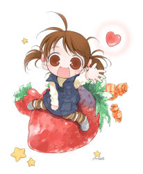 Rule 34 | ahoge, blush, brown eyes, brown hair, child, dress, food, fruit, happy, heart, open mouth, original, smile, solo, star (symbol), straddling, strawberry, sweets, toujou sakana, twintails