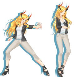 Rule 34 | 1girl, blonde hair, closed eyes, contemporary, contrapposto, full body, graphite (medium), greek mythology, high heels, highres, horns, jacket, long hair, mechanical pencil, multiple views, original, pants, pencil, red eyes, simple background, standing, tachi-e, traditional media, white background, yustinos