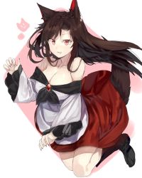 Rule 34 | 1girl, :d, animal ear fluff, animal ears, bad id, bad twitter id, bare shoulders, black footwear, boots, breasts, brooch, brown hair, claw pose, cleavage, collarbone, commentary request, fangs, fingernails, full body, hand up, imaizumi kagerou, jewelry, large breasts, long hair, long sleeves, looking at viewer, nail polish, off-shoulder shirt, off shoulder, open mouth, red eyes, red nails, red skirt, sharp fingernails, shirt, sidelocks, simple background, skirt, smile, solo, suminagashi, tail, thighs, touhou, white background, white shirt, wide sleeves, wolf ears, wolf tail