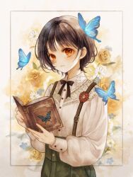 Rule 34 | 1girl, artist name, black hair, black ribbon, blue butterfly, blue flower, book, border, bug, butterfly, butterfly on head, buttons, collared shirt, commission, cowboy shot, daisy, dot nose, floral background, flower, ginniroya, green overalls, hair behind ear, highres, holding, holding book, insect, lace, lace-trimmed shirt, lace trim, long sleeves, open book, orange eyes, original, overall shorts, overalls, parted lips, puffy long sleeves, puffy sleeves, ribbon, rose, shirt, short hair, skeb commission, sleeve cuffs, solo, suspenders, three quarter view, watercolor effect, white flower, white shirt, wing collar, wispy bangs, yellow flower, yellow rose
