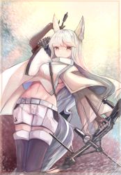 Rule 34 | 1girl, absurdres, animal ears, arknights, arm up, arrow (projectile), black footwear, black gloves, black thighhighs, boots, bow (weapon), brown eyes, commentary request, cowboy shot, crop top, gloves, groin, highres, holding, holding bow (weapon), holding weapon, jacket, long hair, long sleeves, looking at viewer, midriff, navel, noirl, platinum (arknights), quiver, shorts, silver hair, solo, stomach, tail, thigh boots, thighhighs, weapon, white jacket, white shorts, wide sleeves
