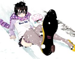 Rule 34 | 1girl, black hair, glasses, kazue kato, original, plaid, plaid scarf, scarf, skirt, snow