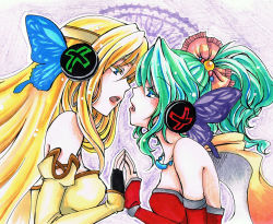 Rule 34 | 2girls, bad id, bad pixiv id, bare shoulders, blonde hair, blue eyes, bow, butterfly hair ornament, butterfly wings, cape, celes chere, dissidia final fantasy, earrings, elbow gloves, eye contact, face-to-face, final fantasy, final fantasy vi, gloves, green hair, hair ornament, headband, headphones, insect wings, jewelry, karasumi abi, lips, long hair, looking at another, magnet (vocaloid), mistic (pixiv795789), multiple girls, necklace, parody, ponytail, ring, tina branford, traditional media, vocaloid, wings, yuri