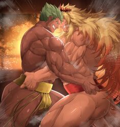 Rule 34 | 2boys, ass, bara, bellsaltr, blonde hair, blurry, blurry background, dark skin, fighting, green hair, highres, huge ass, long hair, looking at another, male focus, manly, mature male, multiple boys, muscular, muscular male, musk, no pants, original, red hair, smell, smirk, spiked hair, steam, steaming body, sumo, sunset, sweat, sweatdrop, teeth, thick arms, thick eyebrows, thick thighs, thighs, topless male