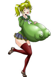 Rule 34 | 1girl, blonde hair, breasts, covered erect nipples, female focus, full body, gigantic breasts, green eyes, hand on own chest, henriiku (ahemaru), huge nipples, large areolae, open mouth, puffy nipples, sagging breasts, school uniform, shoes, simple background, skindentation, skirt, smile, solo, standing, twintails, v, white background