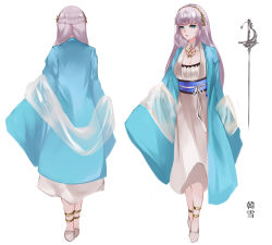 Rule 34 | 1girl, absurdres, anklet, braid, breasts, character name, character request, character sheet, chinese clothes, cleavage, dress, full body, hairband, highres, jewelry, long hair, long sleeves, looking at viewer, multiple views, necklace, official art, rapier, sash, shipotianjing, silver hair, sleeves past fingers, sleeves past wrists, standing, sword, vardan, weapon, white background, white dress, white footwear, wide sleeves