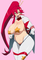 Rule 34 | 00s, 1girl, bikini, breasts, highres, huge breasts, long hair, looking at viewer, pasties, pink background, plump, ponytail, red hair, simple background, solo, space yoko, star-shaped pasties, star (symbol), star pasties, swimsuit, tengen toppa gurren lagann, tetrodotoxin, thick thighs, thighs, very long hair, wide hips, yellow eyes, yoko littner