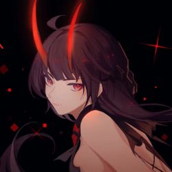 Rule 34 | 1girl, antenna hair, bare shoulders, black background, closed mouth, glowing, hair between eyes, honkai (series), honkai impact 3rd, horns, long hair, looking at viewer, looking to the side, portrait, purple eyes, purple hair, raiden mei, raiden mei (herrscher of thunder), solo, werlosk