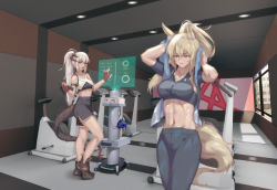 Rule 34 | abs, animal ear fluff, animal ears, arknights, blonde hair, breasts, commentary request, gym, highres, indoors, kamkac, large breasts, long hair, nearl (arknights), ponytail, saria (arknights), sports bra, standing, stomach, tail, towel, white hair, yellow eyes