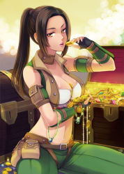 Rule 34 | 00s, 1girl, between breasts, breasts, brown hair, cleavage, coin, final fantasy, final fantasy xi, fingerless gloves, gloves, gold, hume, large breasts, looking at viewer, midriff, navel, ponytail, pouch, sitting, solo, takatsuki kahiro, tan, treasure chest, yellow eyes