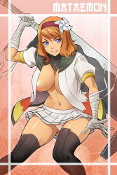 Rule 34 | 1girl, araki mataemon, areola slip, bandaged hand, bandages, blue eyes, breasts, brown hair, cleavage, hairband, hyakka ryouran samurai girls, large breasts, long hair, open clothes, open shirt, panties, skirt, smile, solo, sword, thighs, uncensored, underwear, weapon, x-t3al