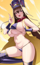 Rule 34 | 1girl, absurdres, bare shoulders, bead necklace, beads, bikini, blush, breasts, bridal gauntlets, brown hair, cleavage, detached sleeves, earrings, fate/grand order, fate (series), hair between eyes, hat, highres, hoop earrings, jewelry, kurozawa yui, large breasts, long hair, looking at viewer, navel, necklace, open clothes, open mouth, prayer beads, purple bikini, purple eyes, purple hat, purple thighhighs, smile, solo, swimsuit, thighhighs, thighs, veil, vest, xuangzang sanzang (fate), yellow vest