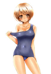 Rule 34 | 1girl, breasts, brown eyes, brown hair, chomo (momo0730), cleavage, clothes pull, covered navel, cowboy shot, highres, looking at viewer, one-piece swimsuit, one-piece swimsuit pull, one-piece tan, original, parted lips, pulling own clothes, school swimsuit, short hair, simple background, solo, standing, swimsuit, tan, tanline, wet, white background