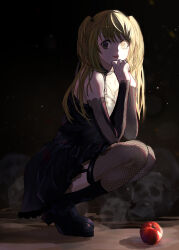 Rule 34 | 1girl, amane misa, apple, black choker, black dress, black footwear, blonde hair, choker, cross, cross necklace, death note, detached sleeves, dress, food, fruit, full body, highres, jewelry, long hair, necklace, skull, smile, solo, squatting, tomaton (t 0), twintails